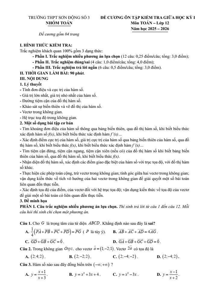 Đề cương ôn tập Giữa kì 1 Toán 12 trường THPT Sơn Động số 3 năm 2025-2026