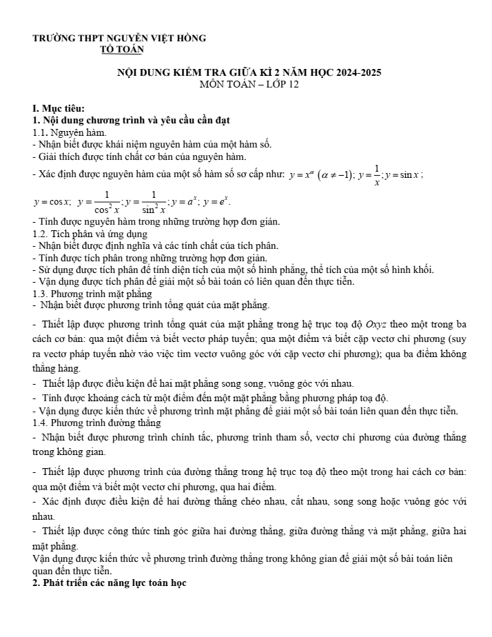 Đề cương ôn tập Giữa kì 2 Toán 12 trường THPT Nguyễn Việt Hồng năm 2024-2025