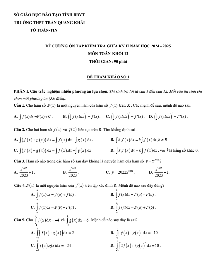 Đề cương ôn tập Giữa kì 2 Toán 12 trường THPT Trần Quang Khải năm 2024-2025