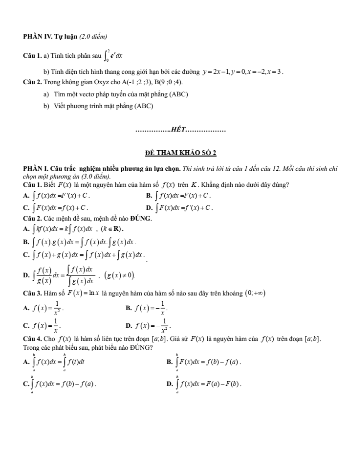 Đề cương ôn tập Giữa kì 2 Toán 12 trường THPT Trần Quang Khải năm 2024-2025