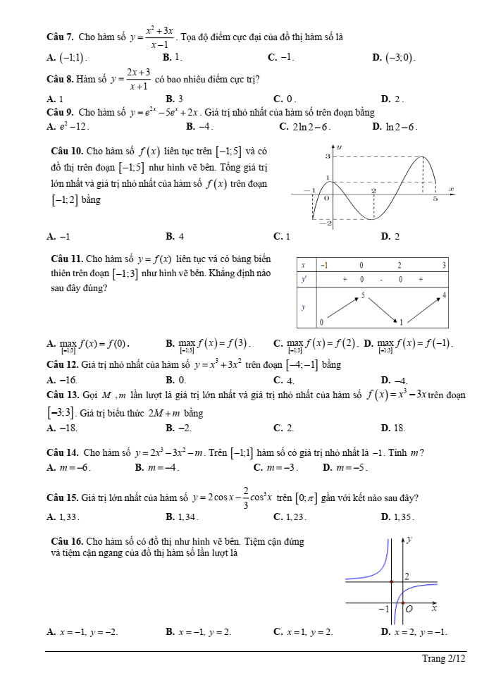 Đề cương ôn tập Học kì 1 Toán 12 trường THPT Trưng Vương năm 2024-2025