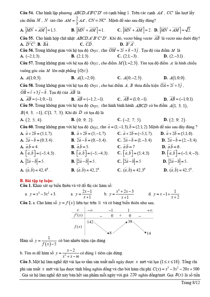 Đề cương ôn tập Học kì 1 Toán 12 trường THPT Trưng Vương năm 2024-2025
