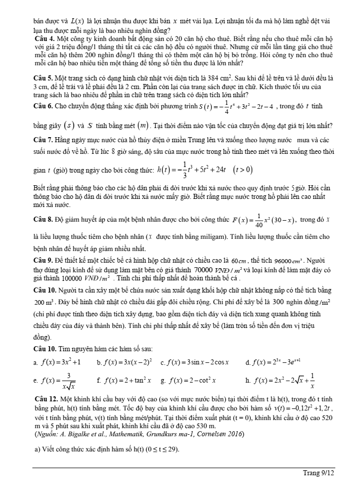 Đề cương ôn tập Học kì 1 Toán 12 trường THPT Trưng Vương năm 2024-2025