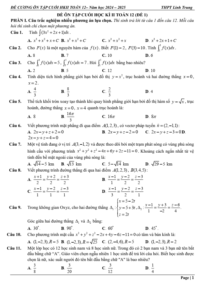 Đề cương ôn tập Học kì 2 Toán 12 trường THPT Linh Trung năm 2024-2025