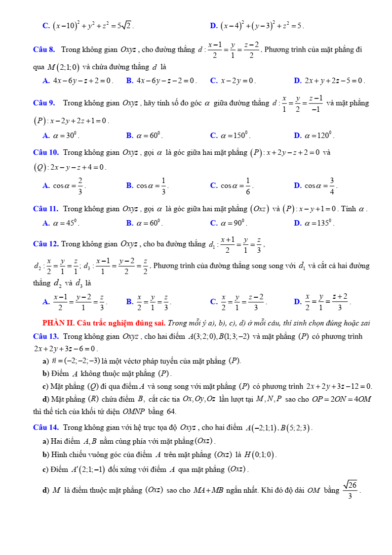 Đề cương ôn tập Học kì 2 Toán 12 trường THPT Hoàng Văn Thụ (Hà Nội) năm 2025-2026