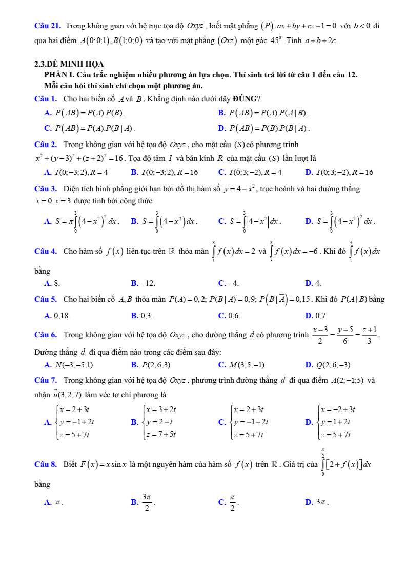 Đề cương ôn tập Học kì 2 Toán 12 trường THPT Hoàng Văn Thụ (Hà Nội) năm 2025-2026