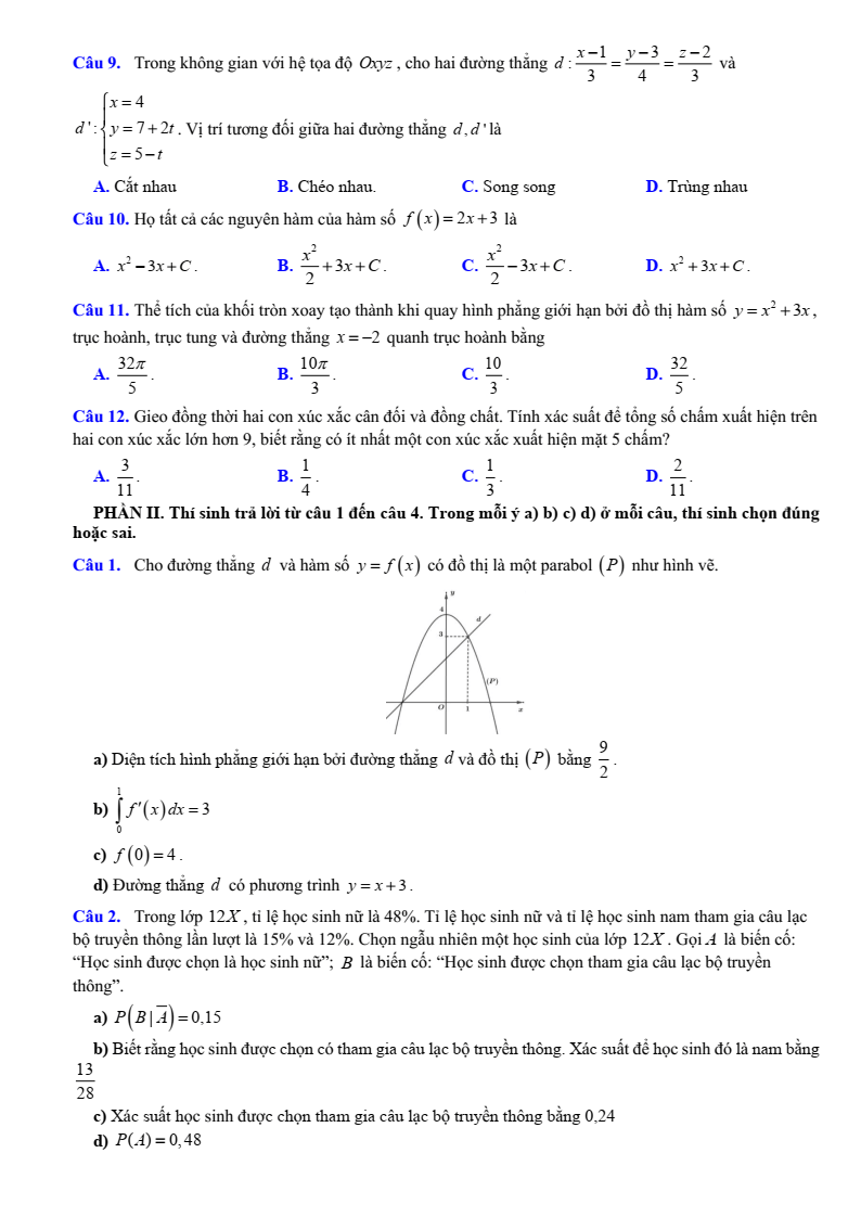 Đề cương ôn tập Học kì 2 Toán 12 trường THPT Hoàng Văn Thụ (Hà Nội) năm 2025-2026
