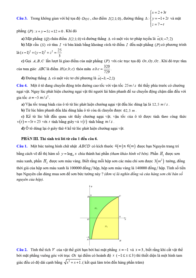 Đề cương ôn tập Học kì 2 Toán 12 trường THPT Hoàng Văn Thụ (Hà Nội) năm 2025-2026