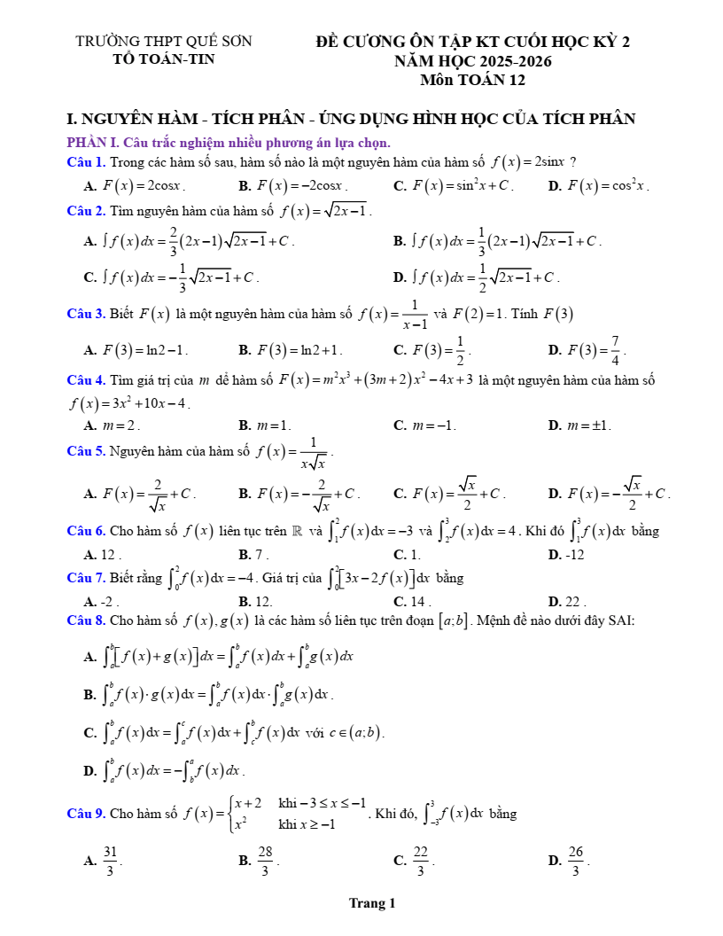 Đề cương ôn tập Học kì 2 Toán 12 trường THPT Quế Sơn (Đà Nẵng) năm 2025-2026