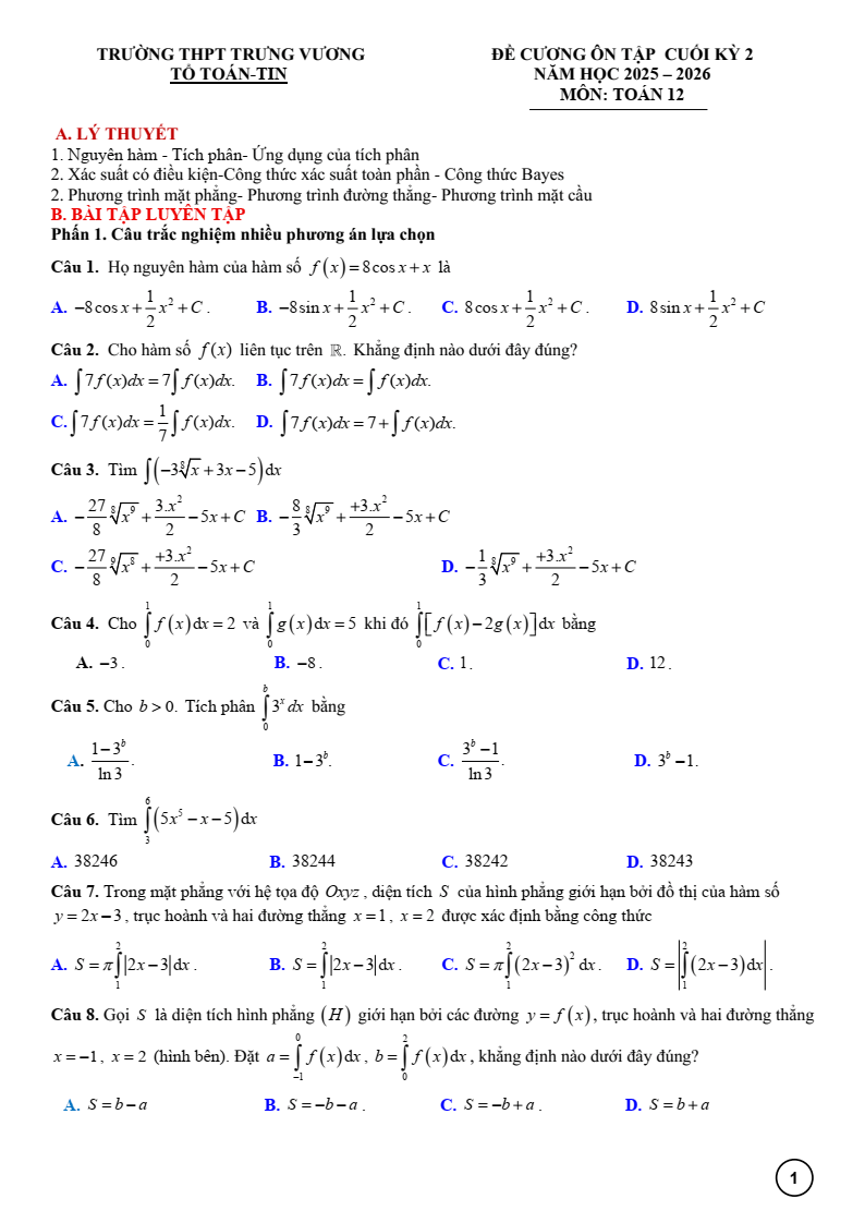 Đề cương ôn tập Học kì 2 Toán 12 trường THPT Trưng Vương (Gia Lai) năm 2025-2026