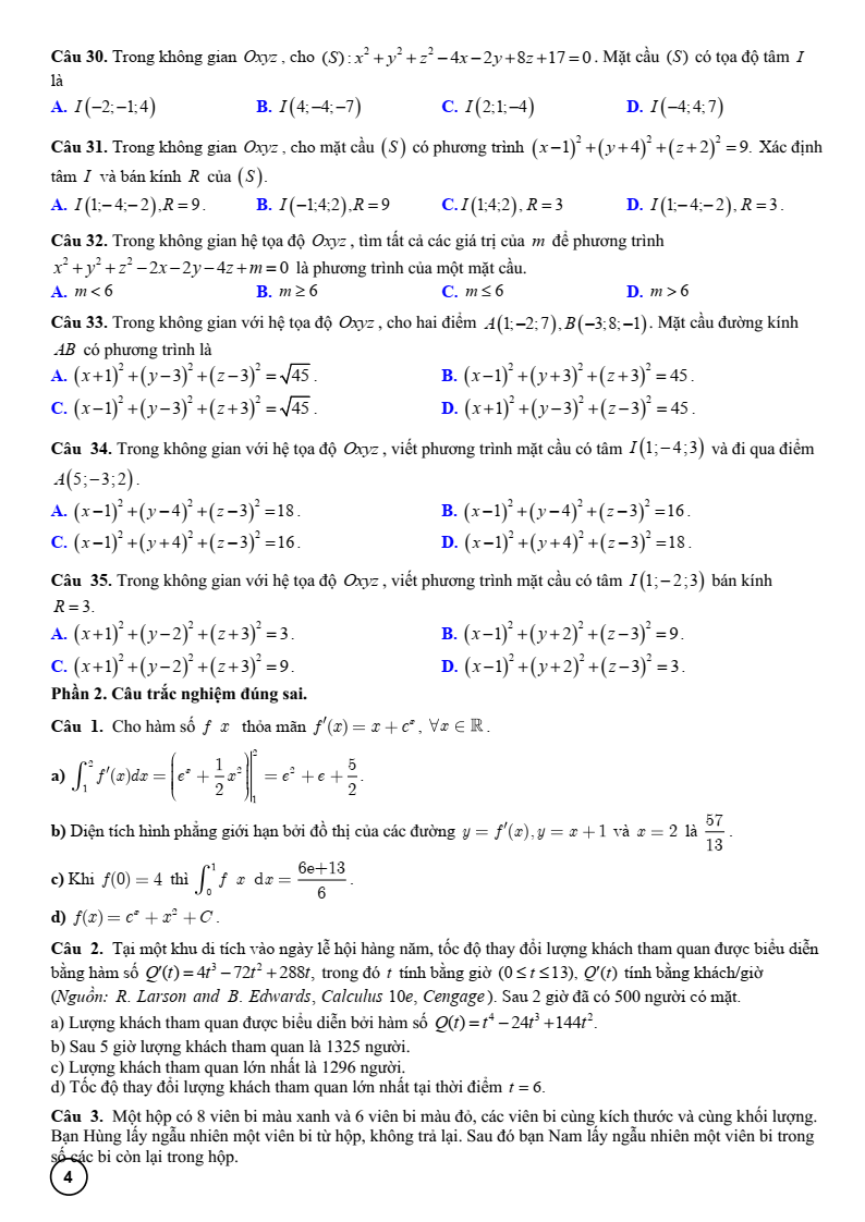 Đề cương ôn tập Học kì 2 Toán 12 trường THPT Trưng Vương (Gia Lai) năm 2025-2026