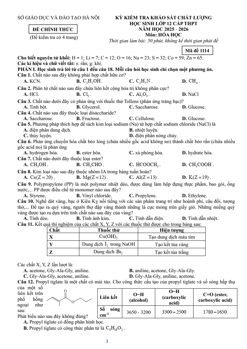 Đề khảo sát Hóa học 12 Hà Nội năm 2026