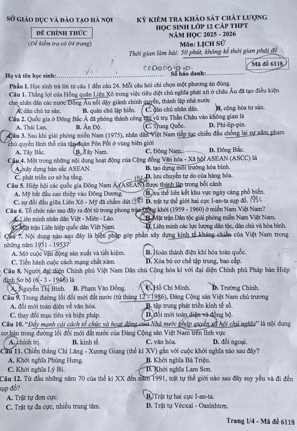 Đề khảo sát Lịch sử 12 Hà Nội năm 2026