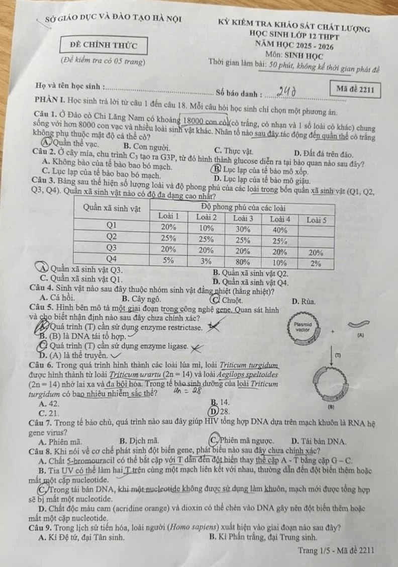 Đề khảo sát Sinh học 12 Hà Nội năm 2026