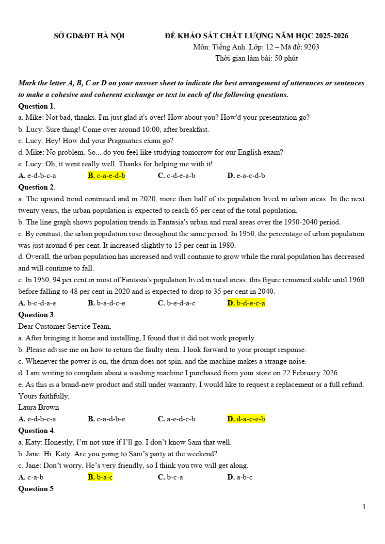 Đề khảo sát Tiếng Anh 12 Hà Nội năm 2026