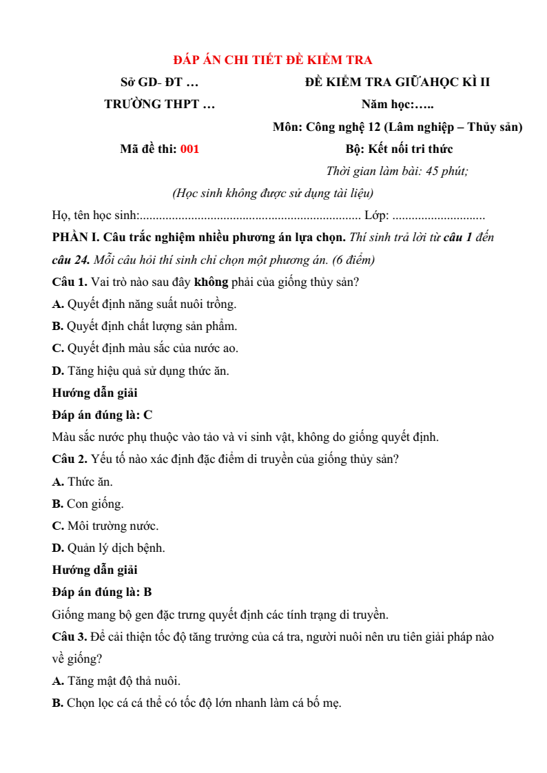 Đề thi Giữa kì 2 Công nghệ 12 Kết nối tri thức Lâm nghiệp Thủy sản (có đáp án)