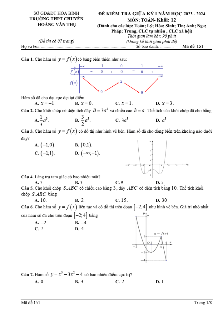 Đề thi Giữa kì 1 Toán 12 năm 2023-2024 trường chuyên Hoàng Văn Thụ (Hòa Bình)