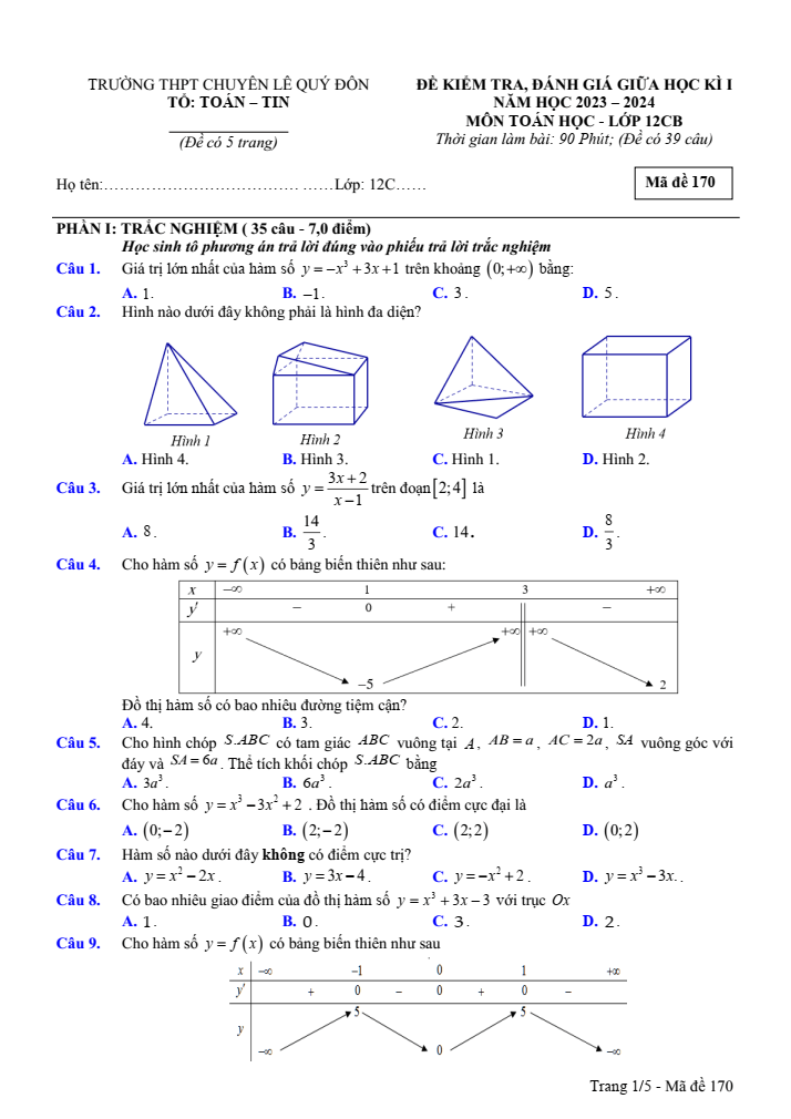 Đề thi Giữa kì 1 Toán 12 năm 2023-2024 trường chuyên Lê Quý Đôn (Điện Biên)