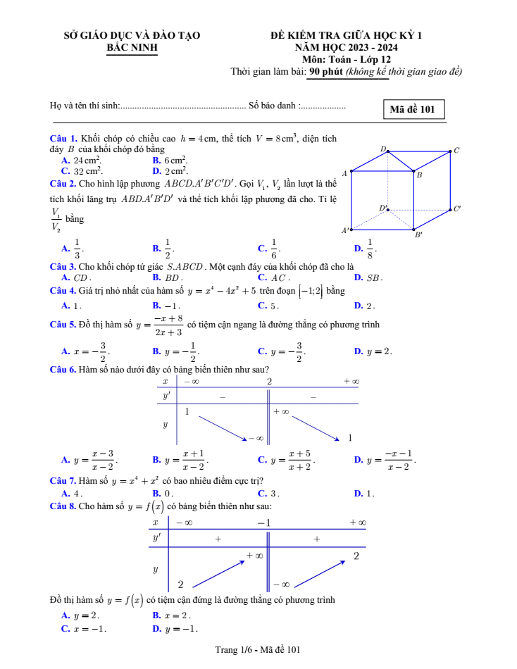 Đề thi Giữa kì 1 Toán 12 năm 2023-2024 sở GD&ĐT Bắc Ninh