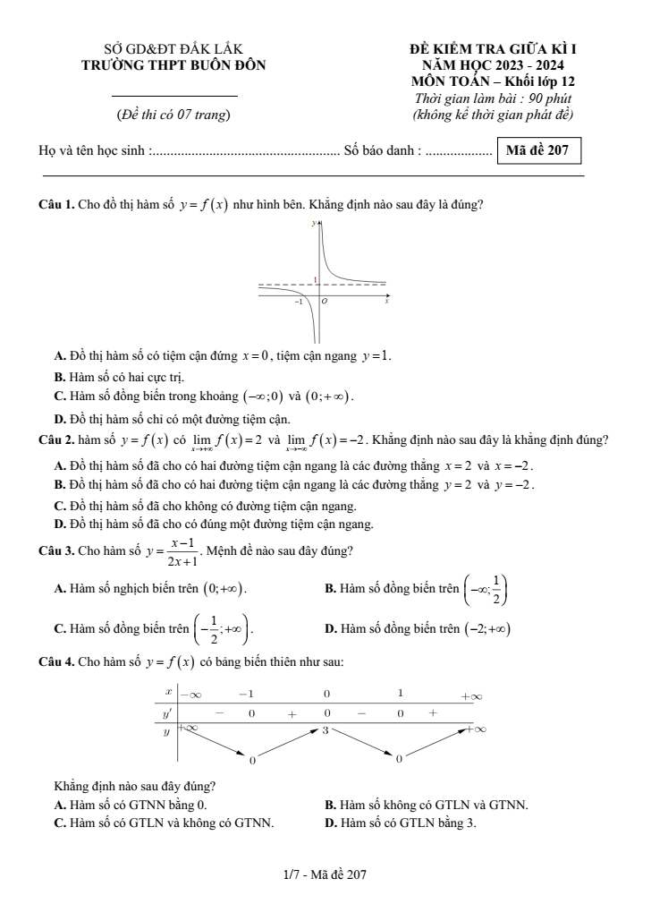 Đề thi Giữa kì 1 Toán 12 năm 2023-2024 trường THPT Buôn Đôn (Đắk Lắk)