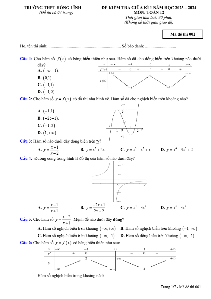 Đề thi Giữa kì 1 Toán 12 năm 2023-2024 trường THPT Hồng Lĩnh (Hà Tĩnh)
