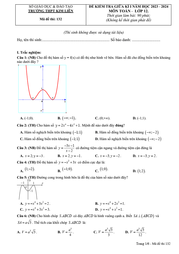 Đề thi Giữa kì 1 Toán 12 năm 2023-2024 trường THPT Kim Liên (Nghệ An)