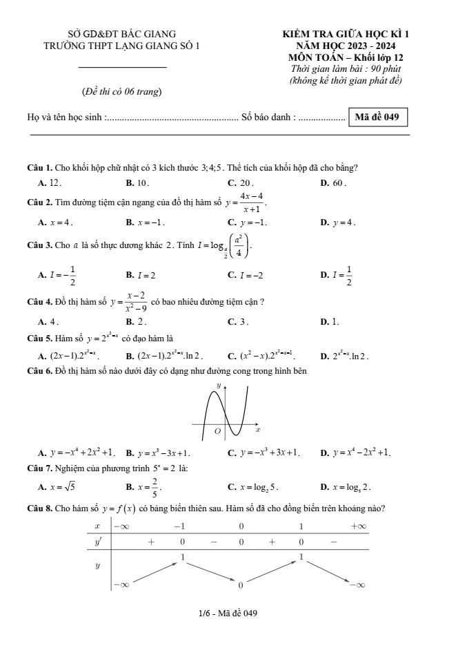 Đề thi Giữa kì 1 Toán 12 năm 2023-2024 trường THPT Lạng Giang 1 (Bắc Giang)