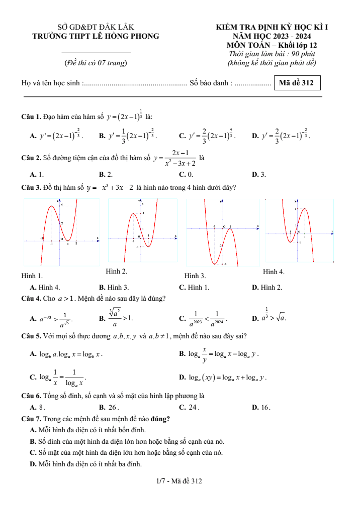 Đề thi Giữa kì 1 Toán 12 năm 2023-2024 trường THPT Lê Hồng Phong (Đắk Lắk)