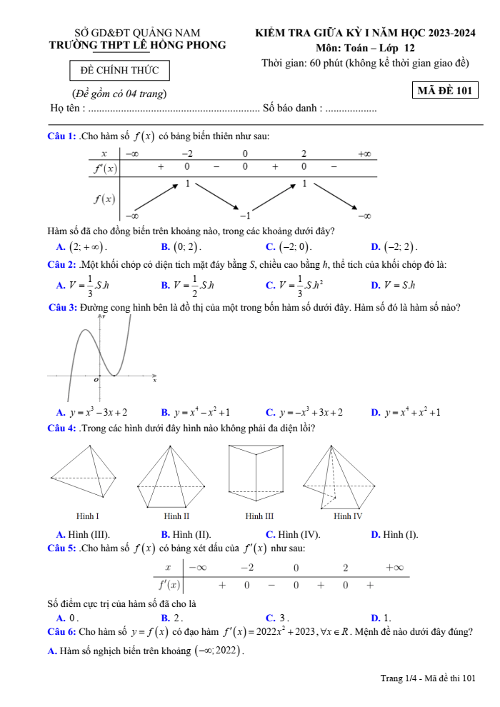 Đề thi Giữa kì 1 Toán 12 năm 2023-2024 trường THPT Lê Hồng Phong (Quảng Nam)