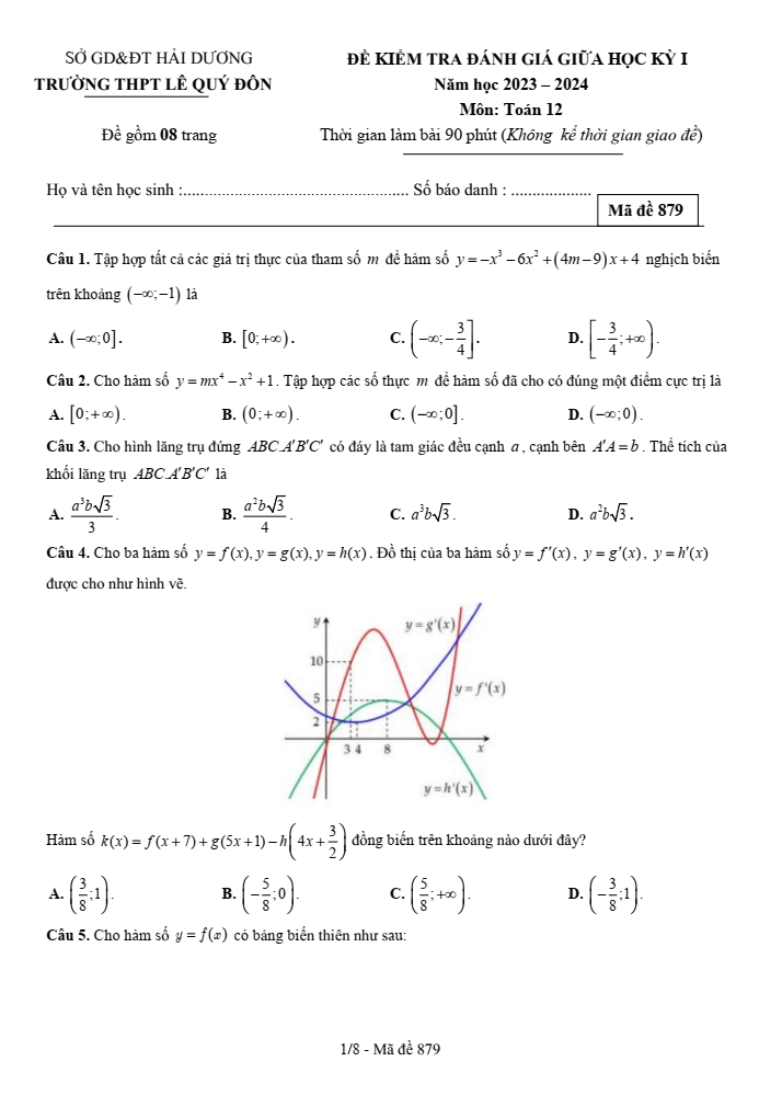 Đề thi Giữa kì 1 Toán 12 năm 2023-2024 trường THPT Lê Quý Đôn (Hải Dương)