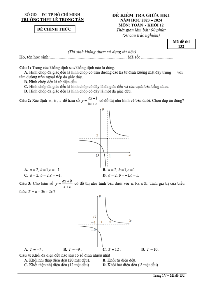 Đề thi Giữa kì 1 Toán 12 năm 2023-2024 trường THPT Lê Trọng Tấn (TPHCM)