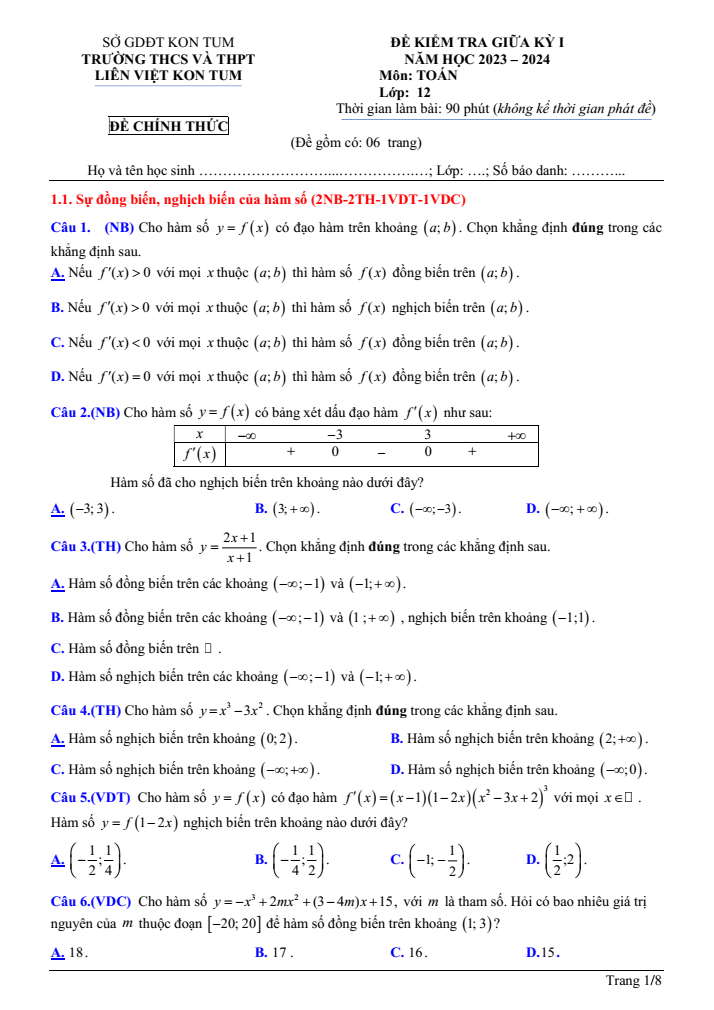 Đề thi Giữa kì 1 Toán 12 năm 2023-2024 trường THCS&THPT Liên Việt(Kon Tum)