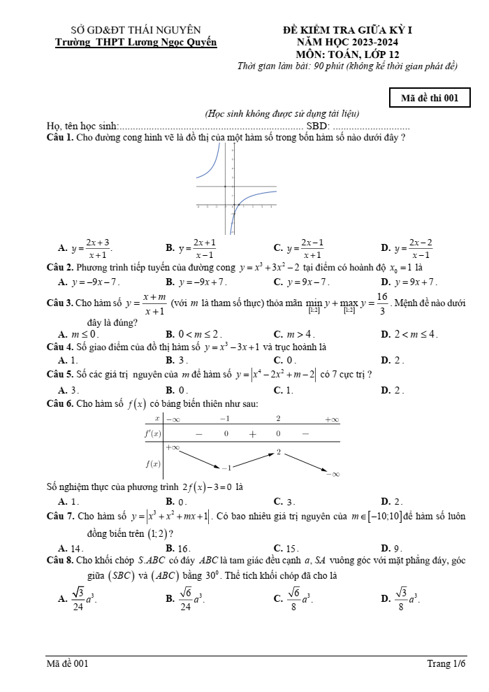 Đề thi Giữa kì 1 Toán 12 năm 2023-2024 trường THPT Lương Ngọc Quyến (Thái Nguyên)
