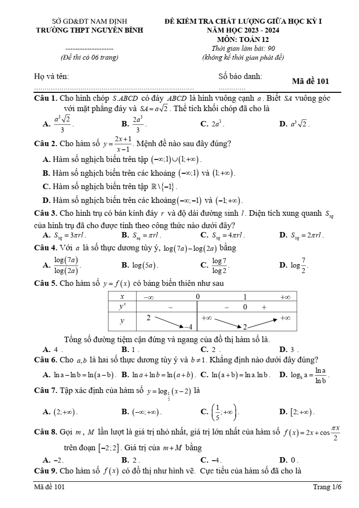 Đề thi Giữa kì 1 Toán 12 năm 2023-2024 trường THPT Nguyễn Bính (Nam Định)