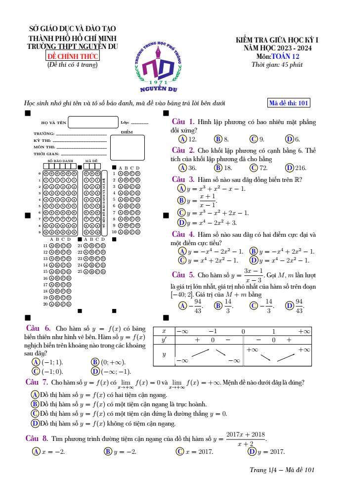 Đề thi Giữa kì 1 Toán 12 năm 2023-2024 trường THPT Nguyễn Du (TPHCM)