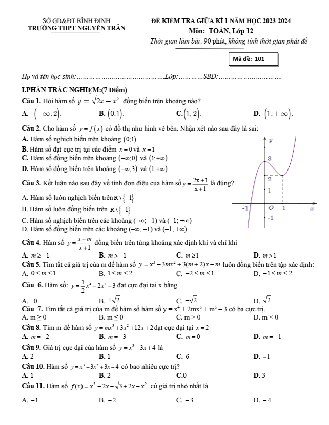 Đề thi Giữa kì 1 Toán 12 năm 2023-2024 trường THPT Nguyễn Trân (Bình Định)
