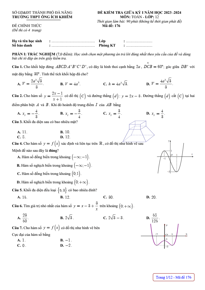 Đề thi Giữa kì 1 Toán 12 năm 2023-2024 trường THPT Ông Ích Khiêm (Đà Nẵng)