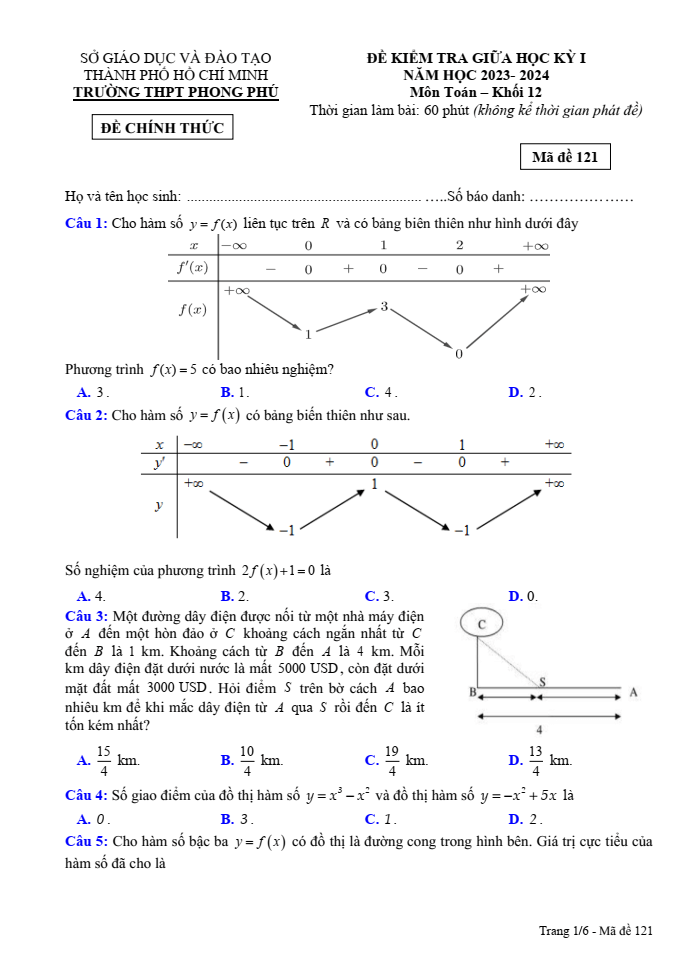 Đề thi Giữa kì 1 Toán 12 năm 2023-2024 trường THPT Phong Phú (TPHCM)