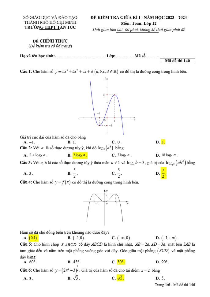 Đề thi Giữa kì 1 Toán 12 năm 2023-2024 trường THPT Tân Túc (TPHCM)