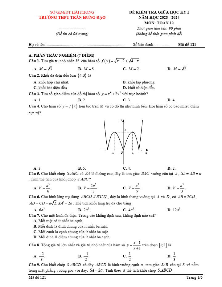 Đề thi Giữa kì 1 Toán 12 năm 2023-2024 trường THPT Trần Hưng Đạo (Hải Phòng)