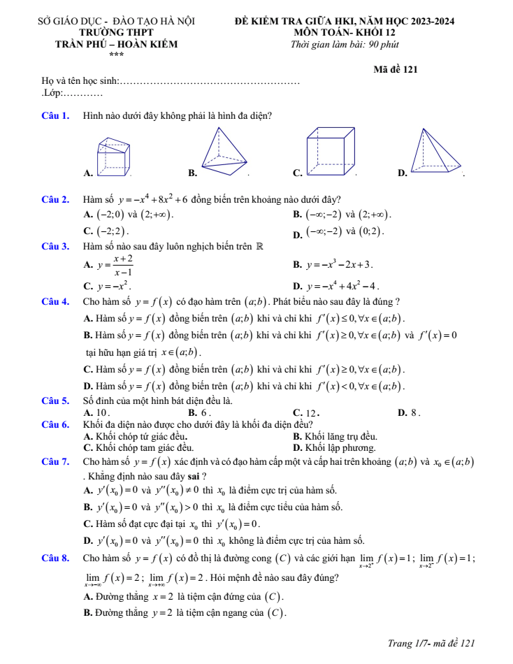 Đề thi Giữa kì 1 Toán 12 năm 2023-2024 trường THPT Trần Phú (Hà Nội)