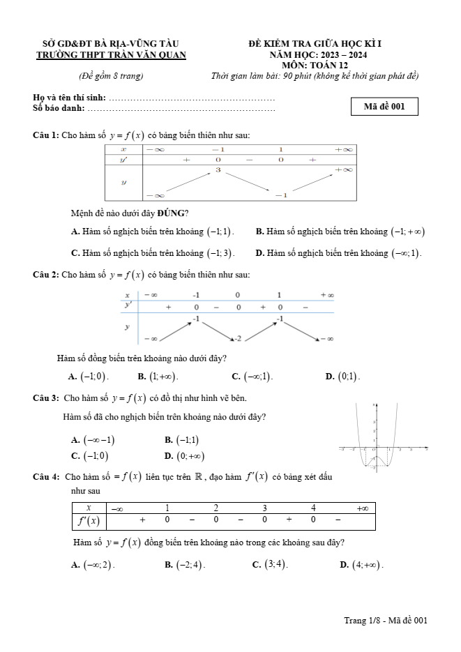 Đề thi Giữa kì 1 Toán 12 năm 2023-2024 trường THPT Trần Văn Quan (BRVT)