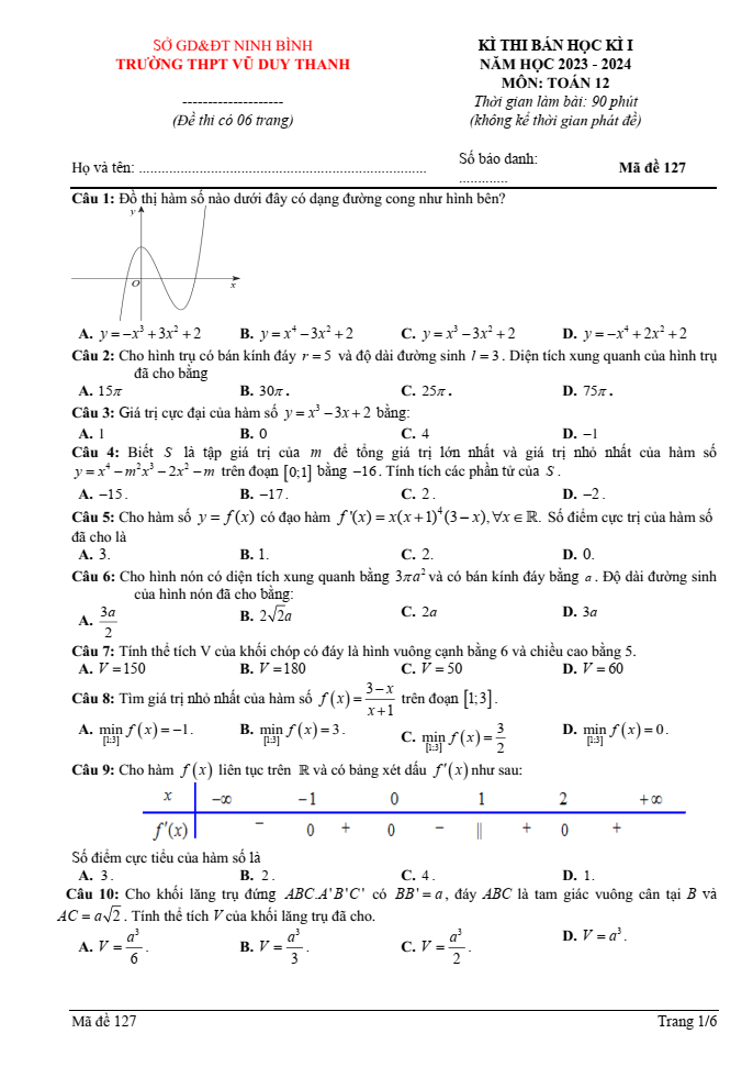Đề thi Giữa kì 1 Toán 12 năm 2023-2024 trường THPT Vũ Duy Thanh (Ninh Bình)