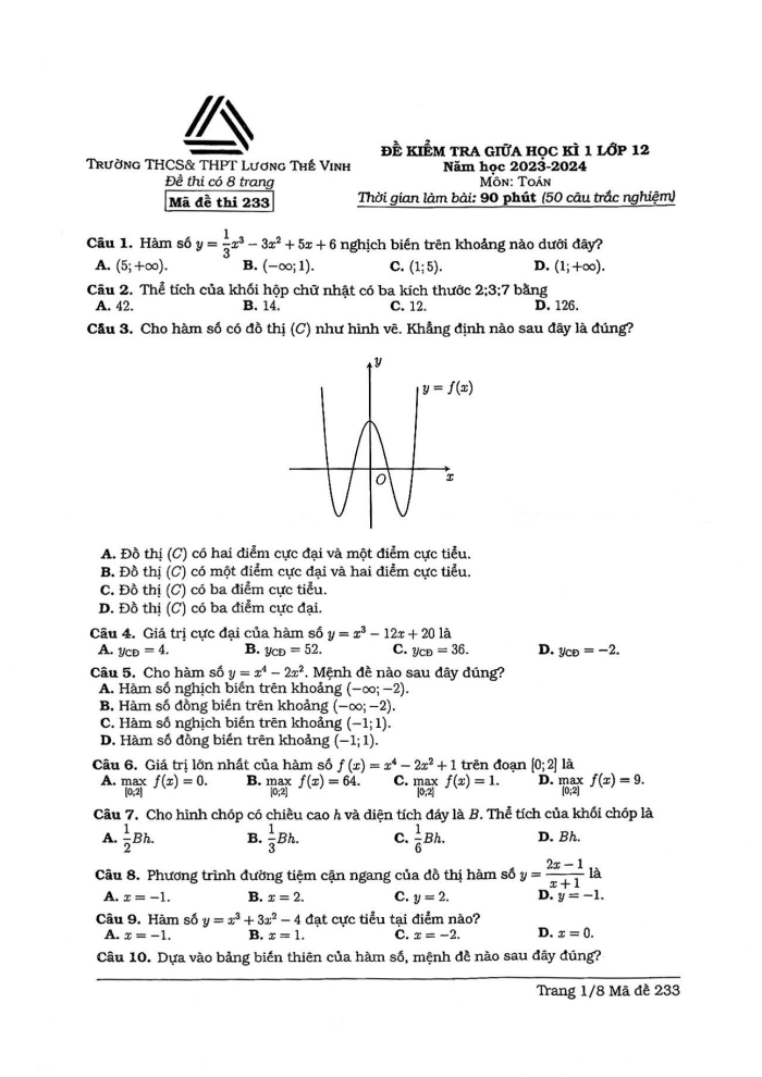 Đề thi Giữa kì 1 Toán 12 năm 2023-2024 trường Lương Thế Vinh (Hà Nội)