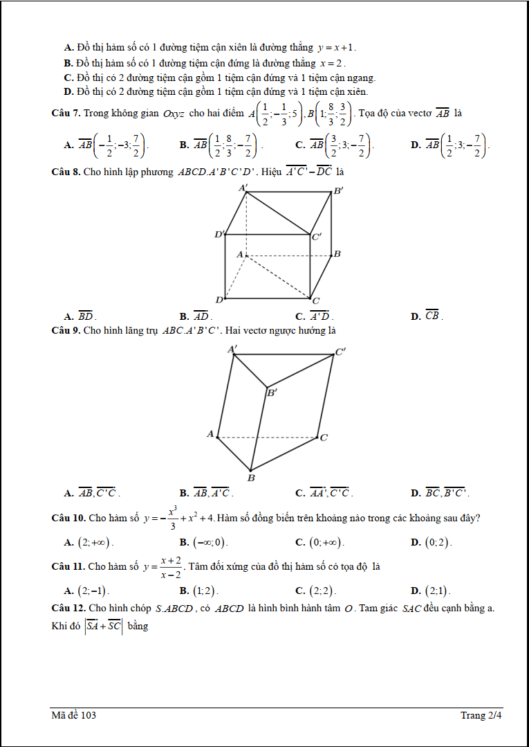 Đề thi Giữa kì 1 Toán 12 năm 2024-2025 trường THPT Lương Ngọc Quyến (Thái Nguyên)
