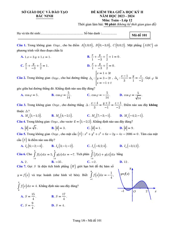 Đề thi Giữa kì 2 Toán 12 năm 2023-2024 sở GD&ĐT Bắc Ninh