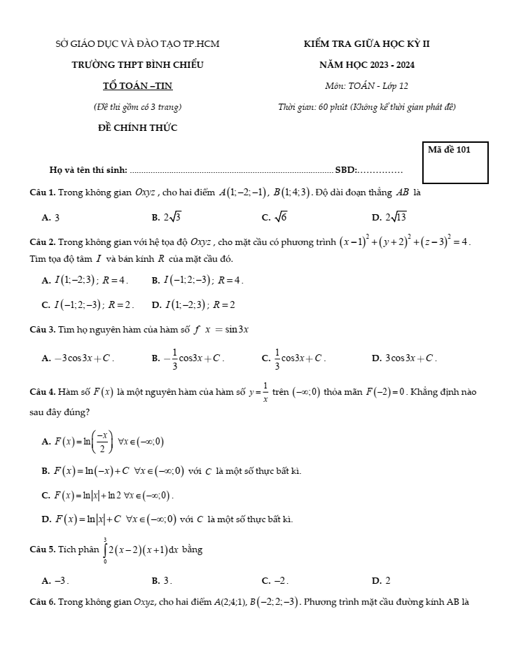 Đề thi Giữa kì 2 Toán 12 năm 2023-2024 trường THPT Bình Chiểu (TP HCM)