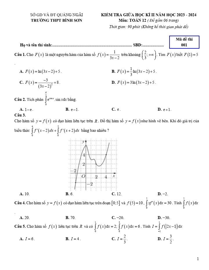 Đề thi Giữa kì 2 Toán 12 năm 2023-2024 trường THPT Bình Sơn (Quảng Ngãi)