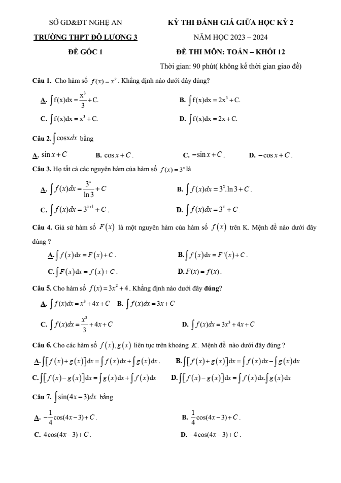 Đề thi Giữa kì 2 Toán 12 năm 2023-2024 trường THPT Đô Lương 3 (Nghệ An)