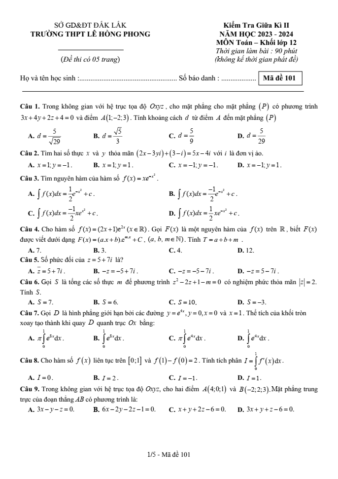 Đề thi Giữa kì 2 Toán 12 năm 2023-2024 trường THPT Lê Hồng Phong (Đắk Lắk)